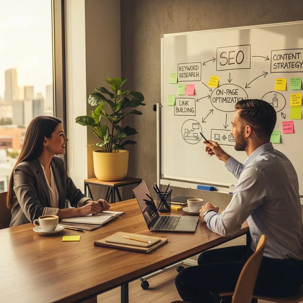 Client discussing national SEO strategies with an agency representative in a modern office
