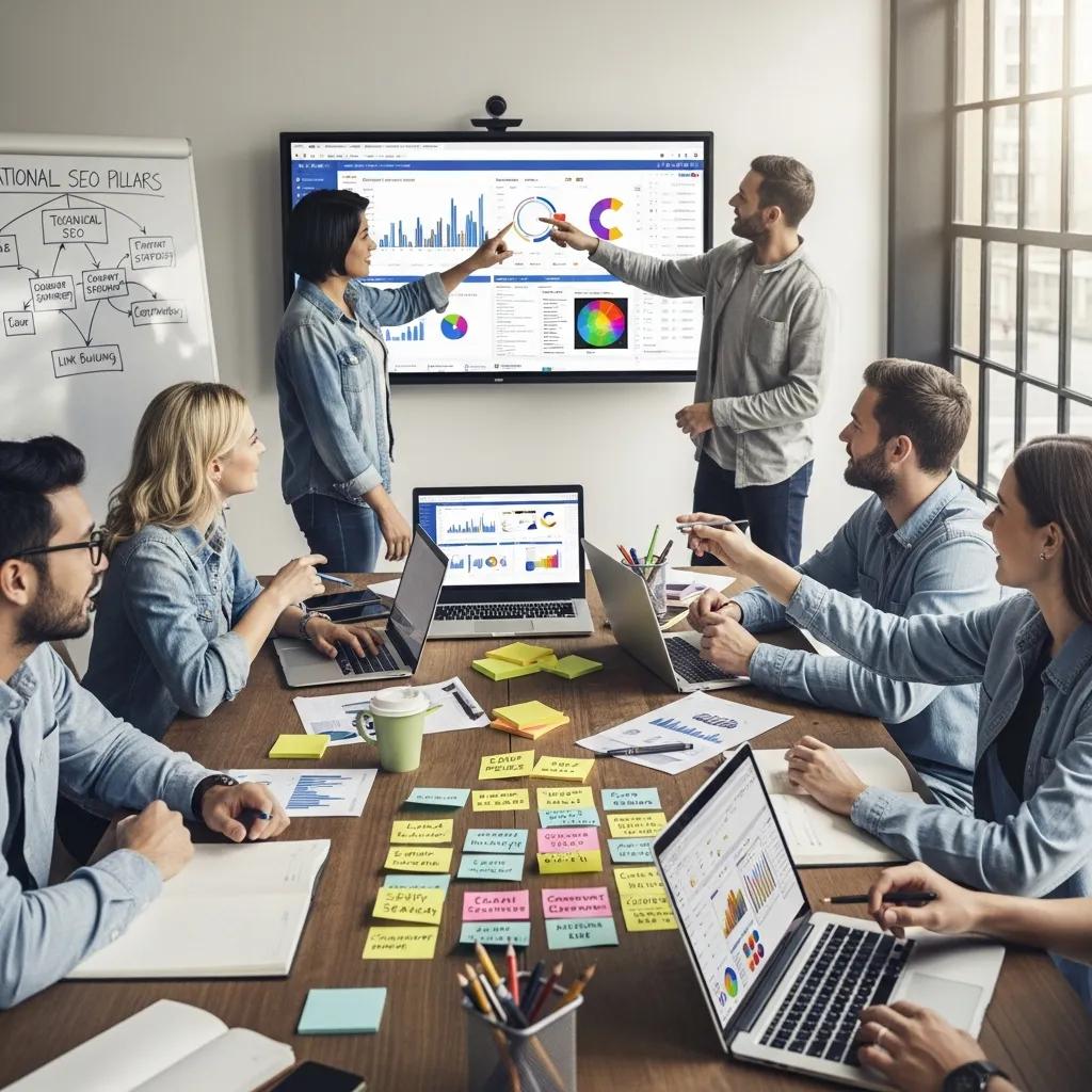 Digital marketing team brainstorming effective national SEO strategies with analytics on display